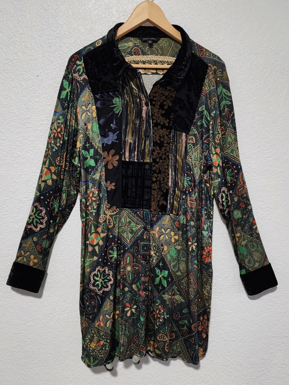 John Mark Patchwork Velvet Accent Top Tunic Dress Floral Paisley Boho Large